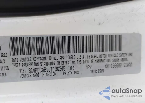 2018 Dodge Journey Se z USA, uszkodzony, nr VIN 3C4PDCAB1JT196345